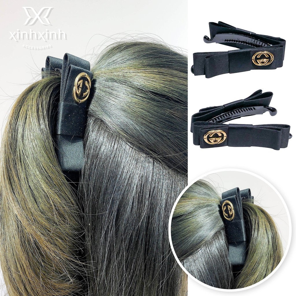 Kẹp tóc nửa đầu nơ huy hiệu chữ G lồng cao cấp - Xinh Xinh Accessories
