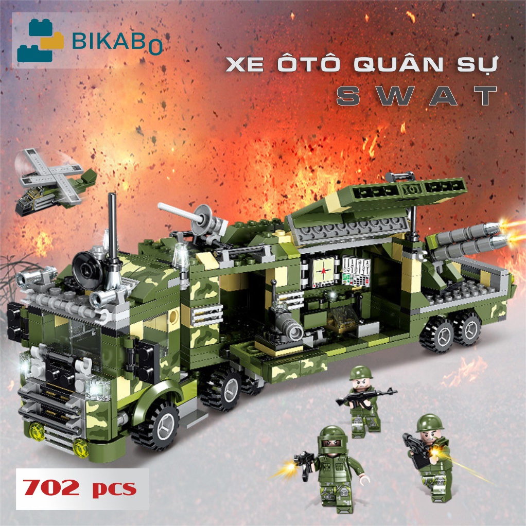 Đồ chơi lắp ráp xe quân đội, mô hình lắp ráp ô tô cảnh sát cho bé 702 chi tiết, BIKABO