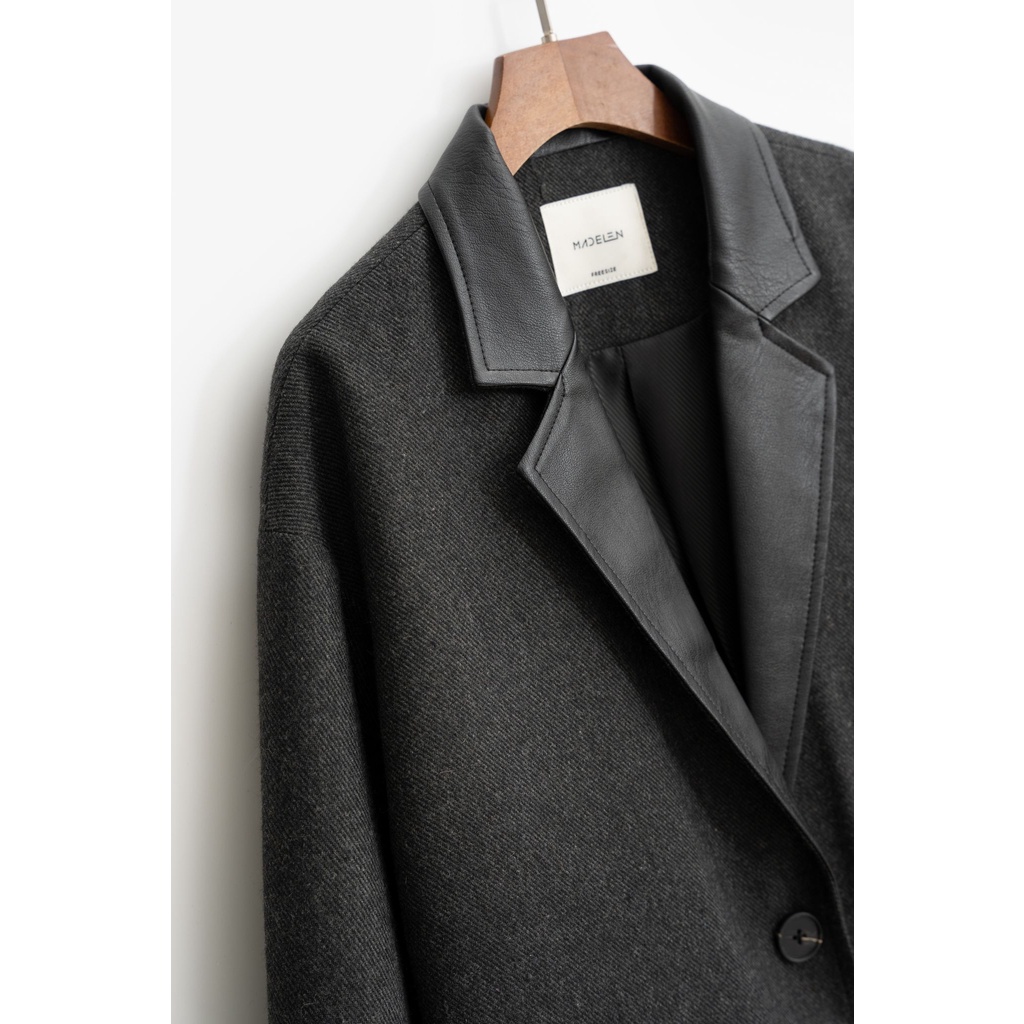 Áo khoác dạ nữ MADELEN mix da màu xám đen dáng rộng freesize | BigBuy360 - bigbuy360.vn