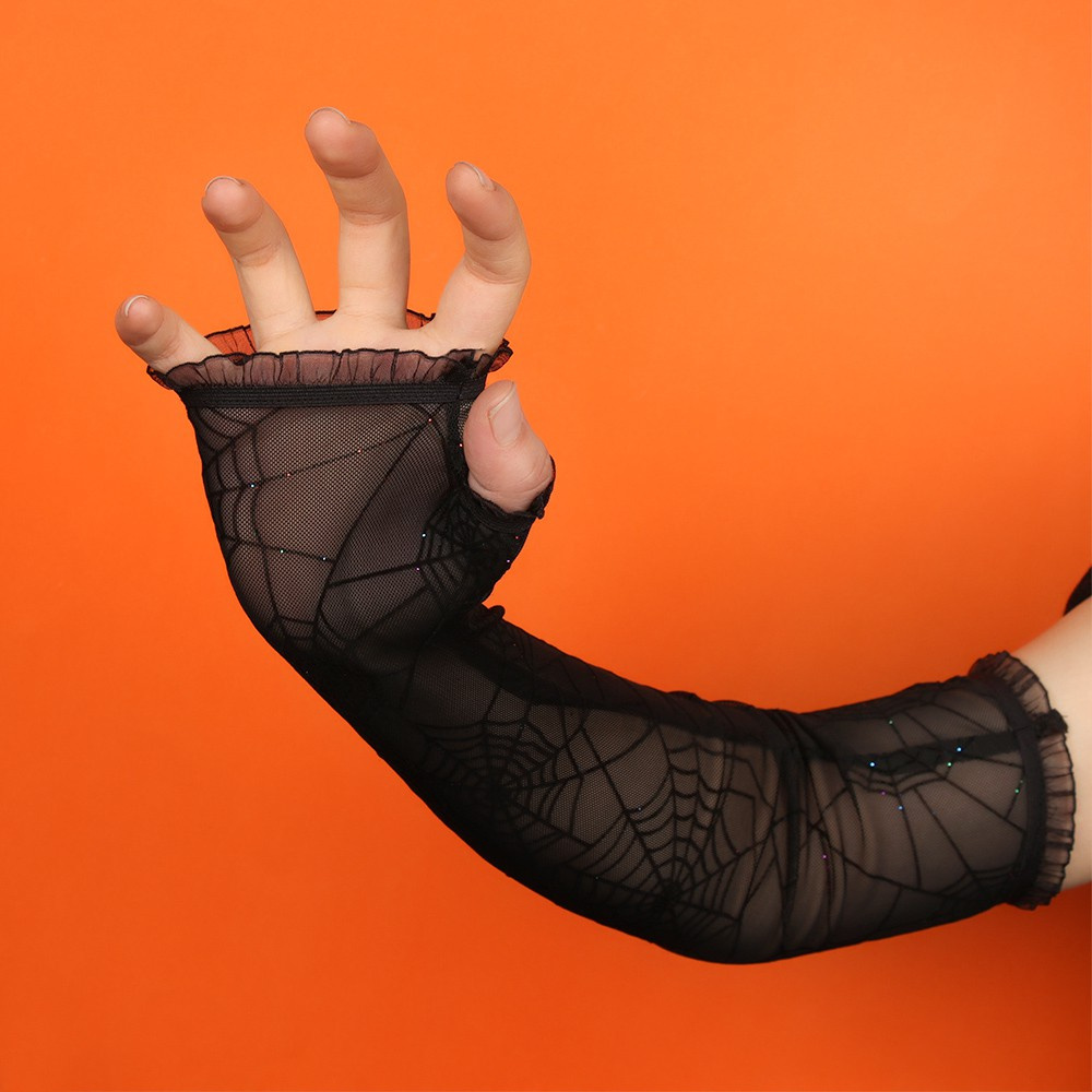 HS 1 Pair of Fancy Dress Up Arm Sleeves Stretchy Gothic Mittens Halloween Gloves Costume Accessory Spider Web Half Finger Cosplay Women Long Gloves