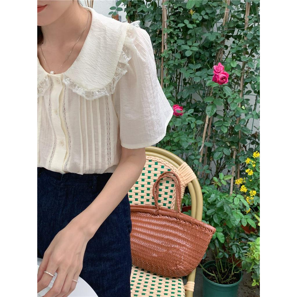 Áo Sơ Mi Tay Ngắn Cổ Búp Bê Phối Ren Dễ Thương Phong Cách Hàn Quốc 52799 2 Màu Lựa Chọn