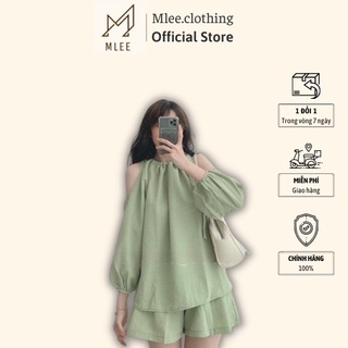 Set bộ áo khoét vai dài tay quần short mleeclothing vải đũi xốp 2 màu - áo tay bo buộc dây quần đùi ống rộng x0157