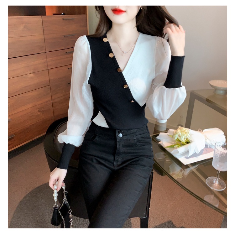 Áo kiểu ZHELIHANGFEI chiffon tay dài phồng cổ chữ V thời trang dành cho nữ