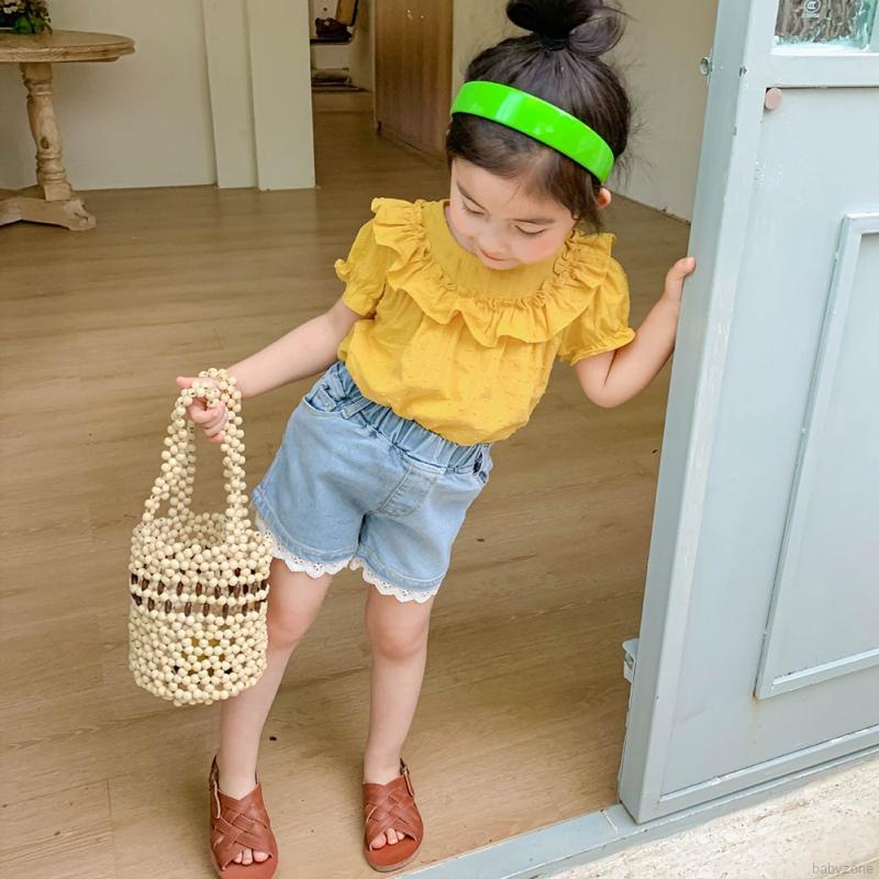 Quần Short Denim Ống Rộng Màu Trơn Thời Trang Mùa Hè Cho Bé Gái
