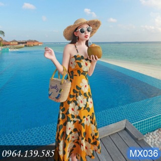 Đầm maxi nữ,váy suông nữ 2 dây hoa cúc vàng hở lưng gợi cảm cá tính