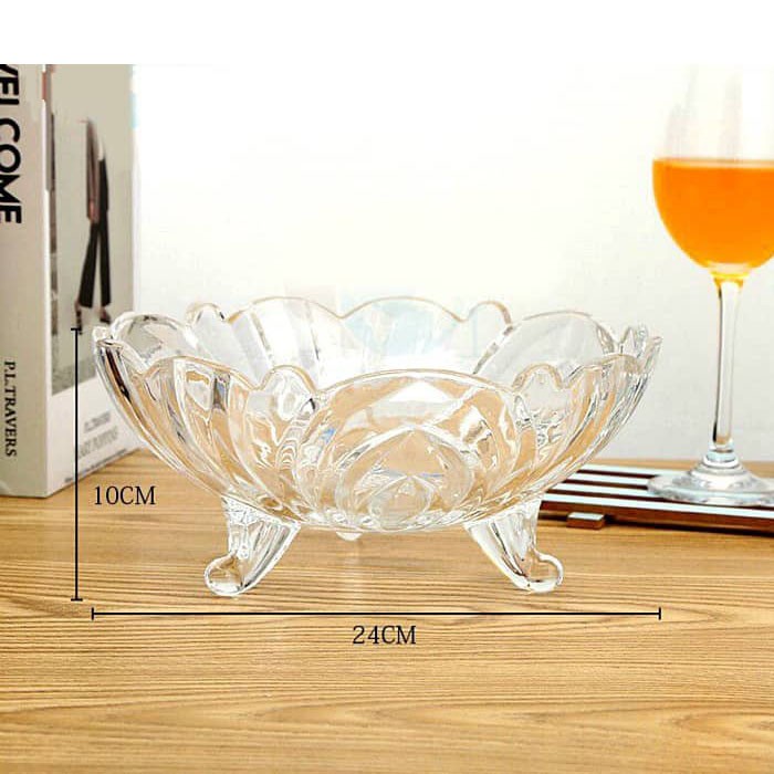 Đĩa Thuỷ Tinh Đựng Trái Cây, Đĩa Thuỷ Tinh Pha Lê 3 Chân Đường Kính 24cm sang Trọng Đựng Bánh Kẹo, Mứt Tết.