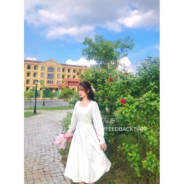 Váy trắng cổ vuông ren dài tay. Đầm trắng tiểu thư dài tay SP000007 ( Ảnh thật) | BigBuy360 - bigbuy360.vn