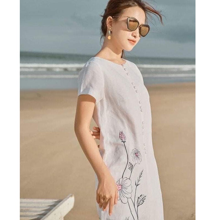 Đầm suông linen tưng premium tay hến thêu hoa sang trọng