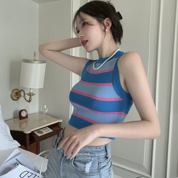 Áo dệt kim ZHELIHANGFEI không tay kẻ sọc gợi cảm thời trang
