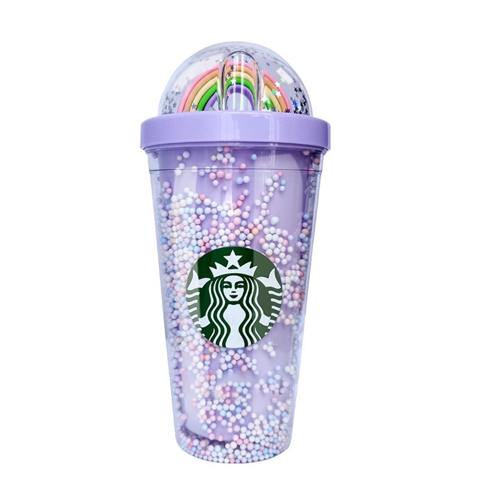 Bình nước Starbucks hai lớp màu cầu vồng có ống hút cho bé gái