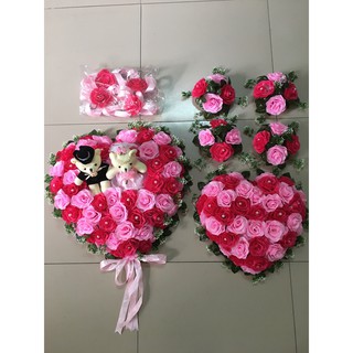 Hoa cưới trang trí xe dâu mẫu trái tim HOA HỒNG gấu, đế hít nam châm, cam kết hình thật 100%