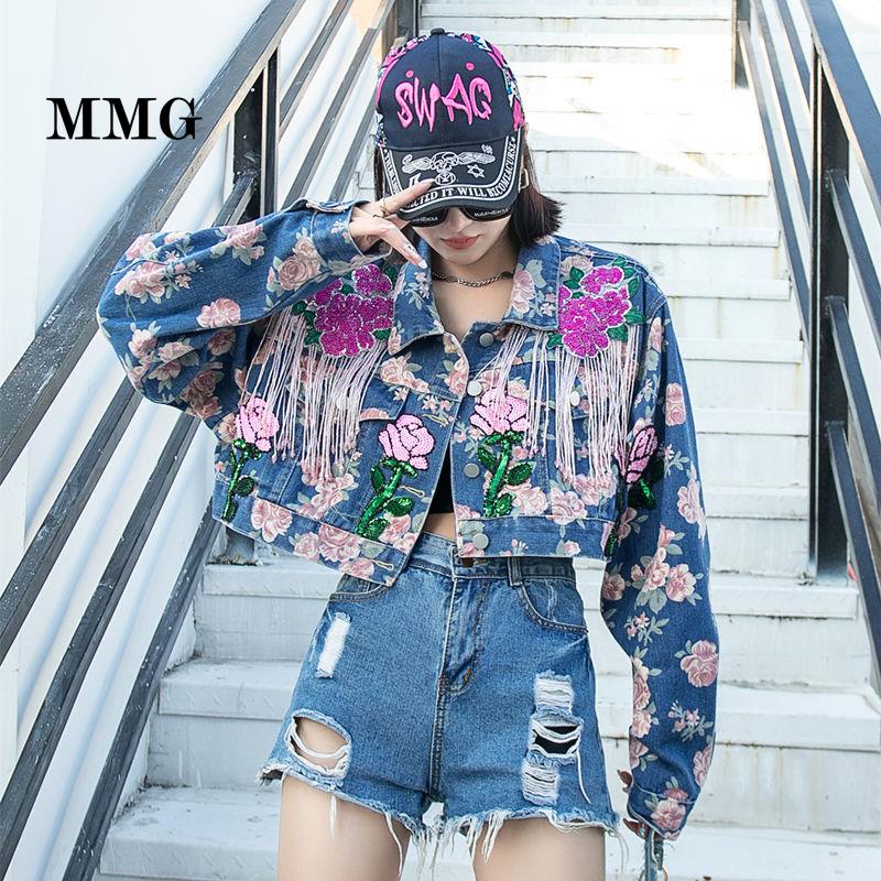 Áo Khoác Denim Ngắn Thêu Hoa Phối Tua Rua Kiểu Âu Mỹ Thời Trang Mùa Xuân 2022 Mới