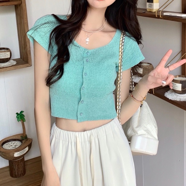 Áo Croptop Dệt Kim Tay Ngắn Cổ Vuông Dáng Ôm Cài Khuy Thời Trang Cho Nữ