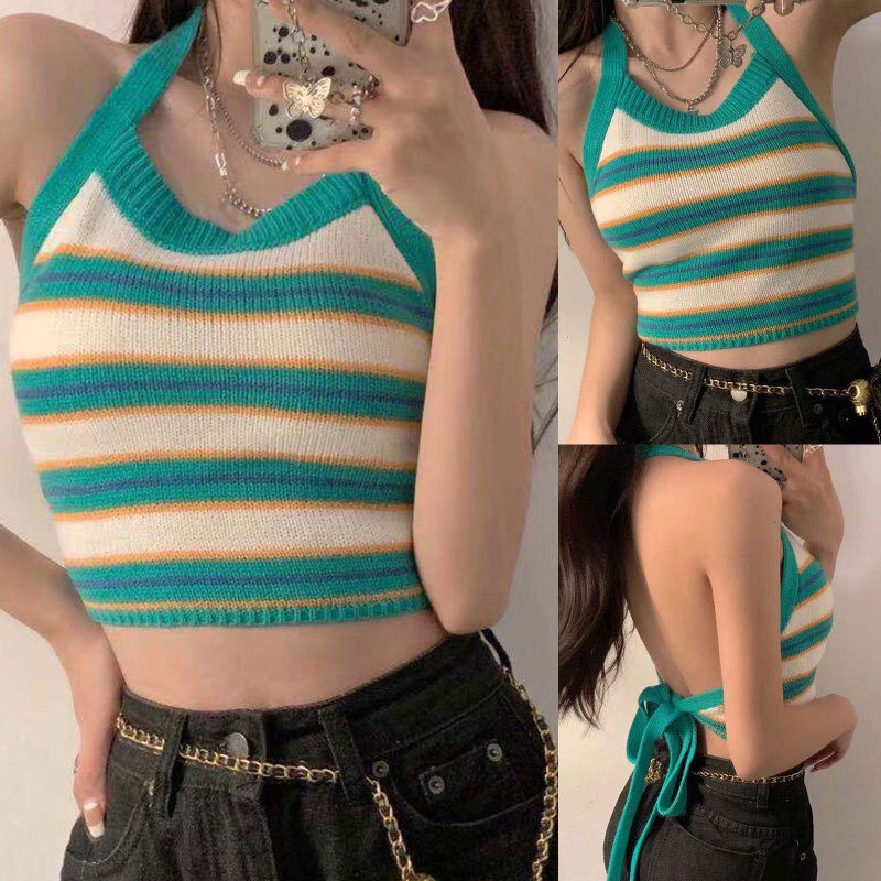 Áo Croptop Dệt Kim Hở Lưng Dáng Ôm Họa Tiết Kẻ Sọc Màu Tương Phản Thời Trang Mùa Hè Quyến Rũ Cho Nữ