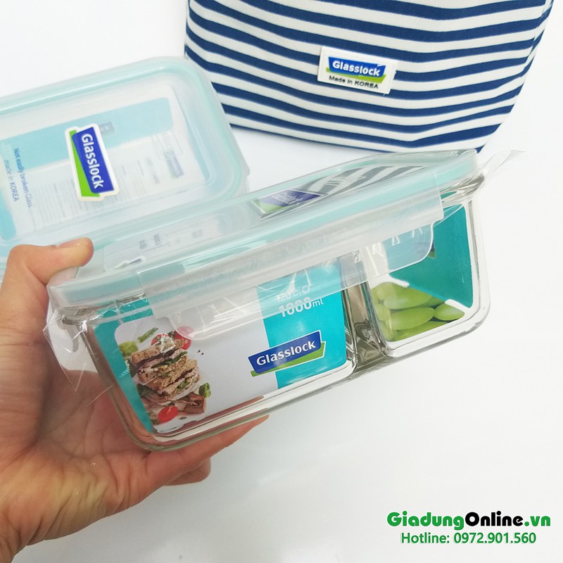 Bộ hộp cơm thủy tinh Glasslock 1000ml chia ngăn + 400ml + túi giữ nhiệt kẻ Hàn Quốc - Larva Store