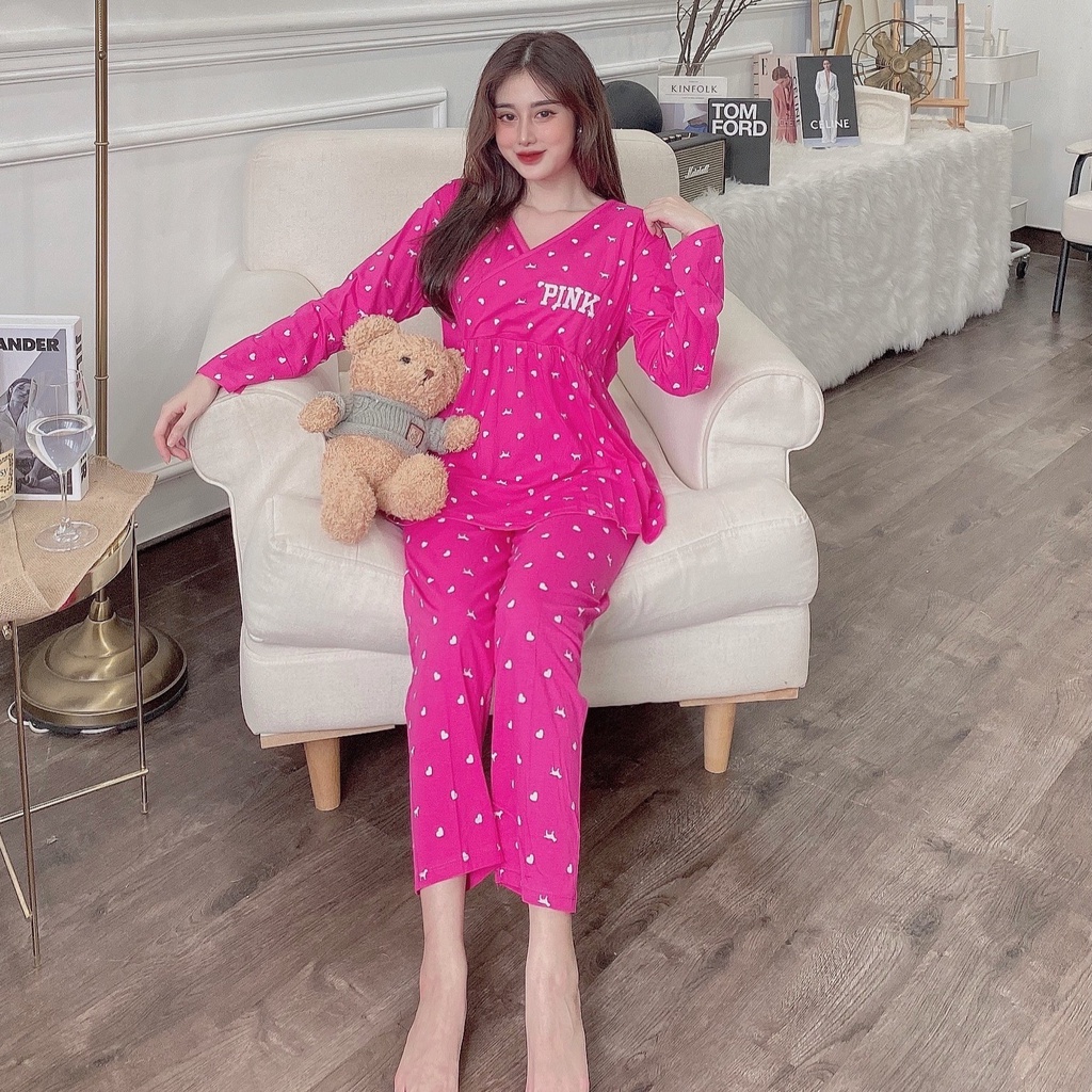 Bộ bầu - bộ sau sinh mặc nhà - cho con bú - 2 chức năng - chất liệu cotton ( Fink chéo - Dài )