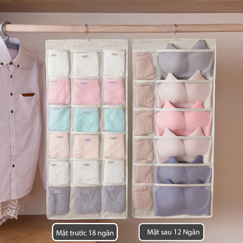 Túi vải treo đồ lót tất vớ 2 mặt 30 ngăn, Túi treo đồ cánh tủ quần áo
