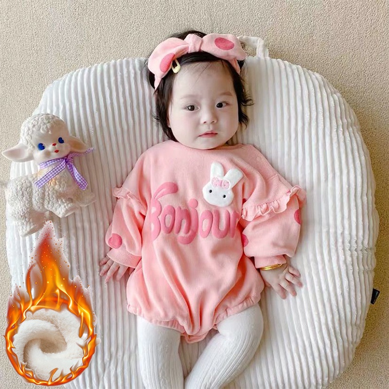 Áo Liền Quần Bằng Lông Cừu In Hình Thỏ Dễ Thương Thời Trang Thu Đông Cho Bé Gái 0-24 Tháng M3K