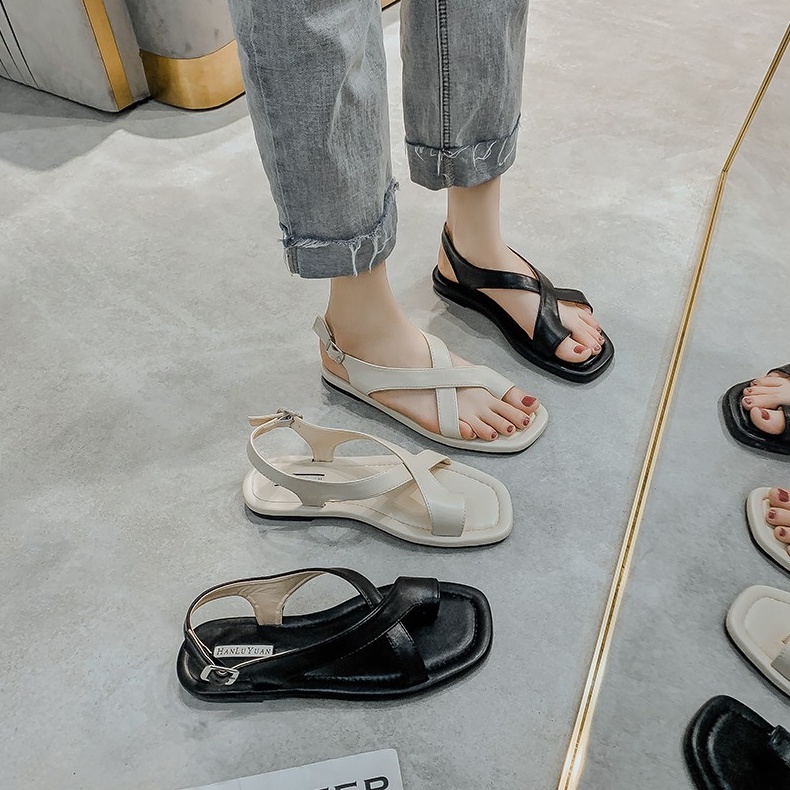 Giày Sandal nữ xỏ ngón mã BBS40 chiến binh Y đế bệt, quai chéo