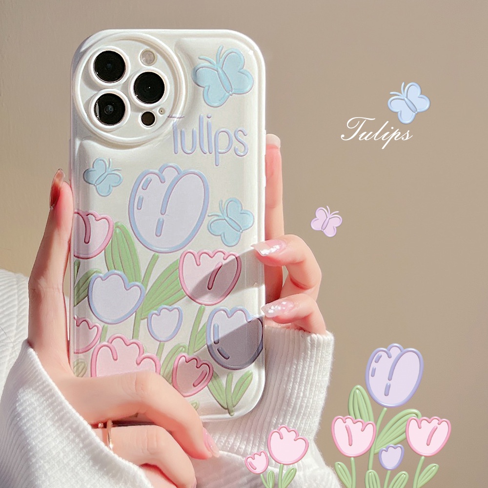 Ốp điện thoại mềm họa tiết hoa tulip và bướm thích hợp cho Iphone 7 8 PLUS X XR XS 11 12 13 PRO MAX SE 2020