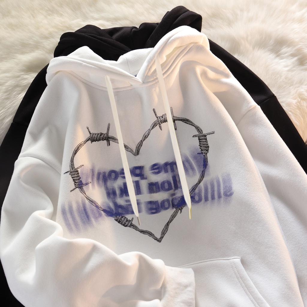 Áo hoodie PEWARN dáng rộng có in họa tiết trái tim phong cách harajuku dành cho nam và nữ