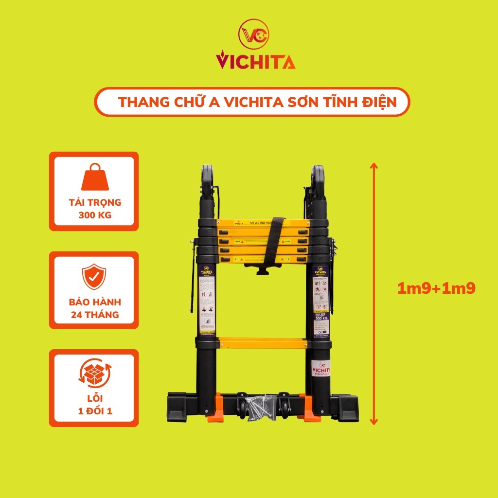 Thang nhôm rút đôi Chữ A (1.9M+1.9M) - Sơn tĩnh điện [Tặng 2 Chốt Thang]