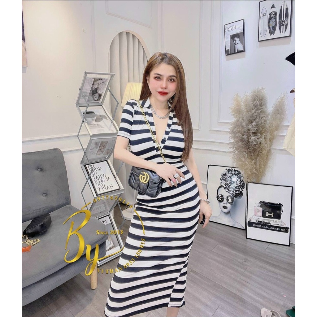 Đầm body tay ngắn cổ V bẻ dáng dài midi ôm xinh họa tiết sọc ngang đen trơn