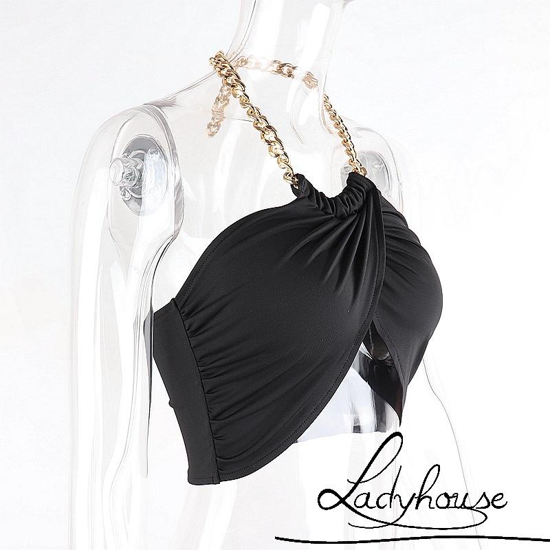 Ldd-áo Croptop Không Tay Hở Lưng Cổ Yếm Dây Xích Kim Loại Màu Đen Thời Trang Mùa Hè Dành Cho Nữ
