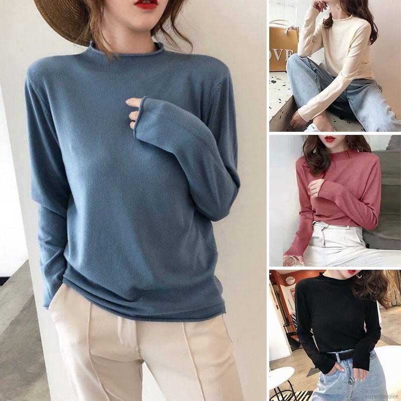 Women Slim Long-Sleeved Half High Collar Slim Bottom Sweater Female Tshirt Tops