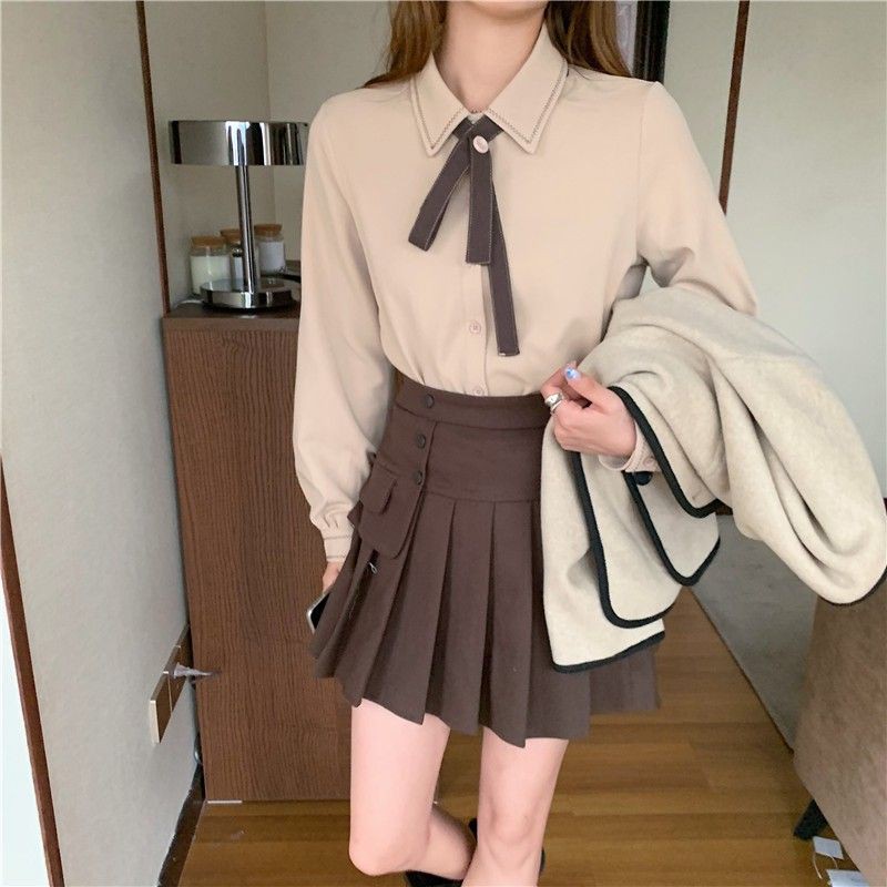 Set áo len dáng cadigan sơ mi cổ tàu chân váy ngắn xếp li phong cách học sinh nhật bản ulzzang