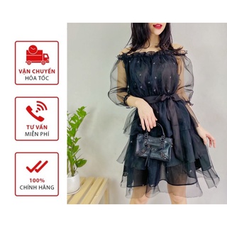 Đầm trễ vai tầng chất oganza 2 lớp hàng thiết kế size S M dưới 55kg vừa