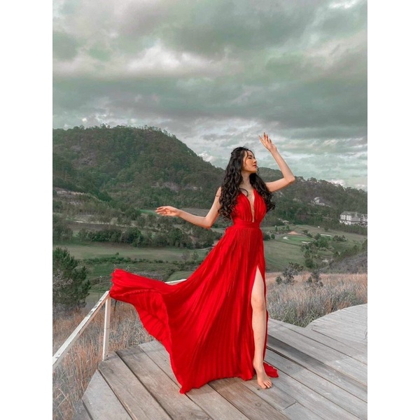 Đầm maxi dập ly chéo lưng thắt nơ lưng xẻ đùi / Đỏ / Maxi đi biển