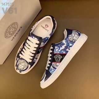 Giày sneaker nam,giày nam thời trang hot 2021, sneaker trắng xanh hoa văn v61
