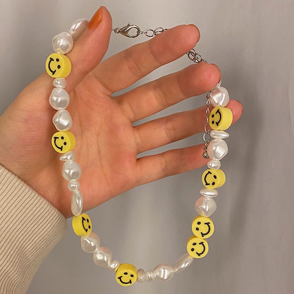 Dây Chuyền Choker Đính Ngọc Trai Nhân Tạo Phối Mặt Hình Mặt Cười Dễ Thương Cho Nữ