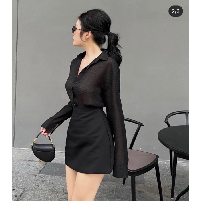 Set áo sơ mi đốm tay dài + chân váy đen