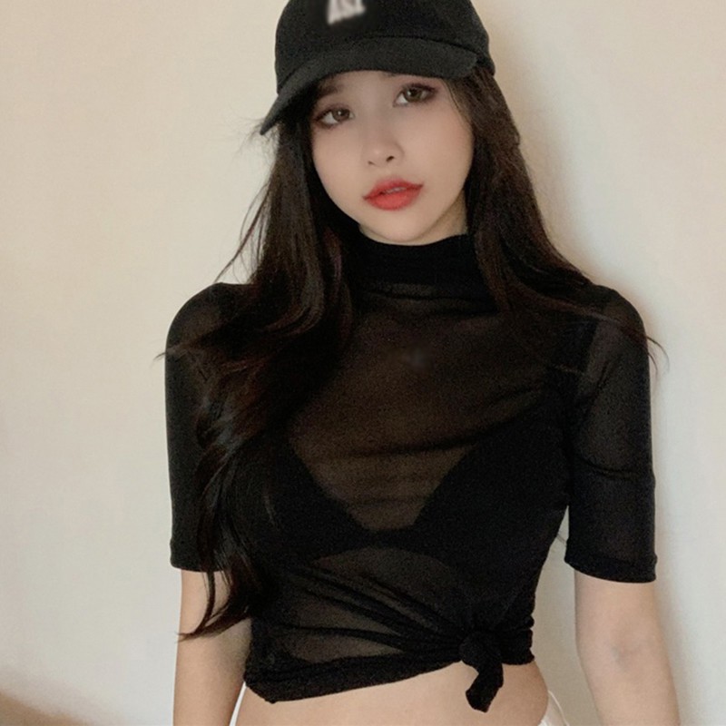 Áo lưới xuyên thấu tay ngắn phong cách Hàn Quốc thời trang quyến rũ dành cho nữ