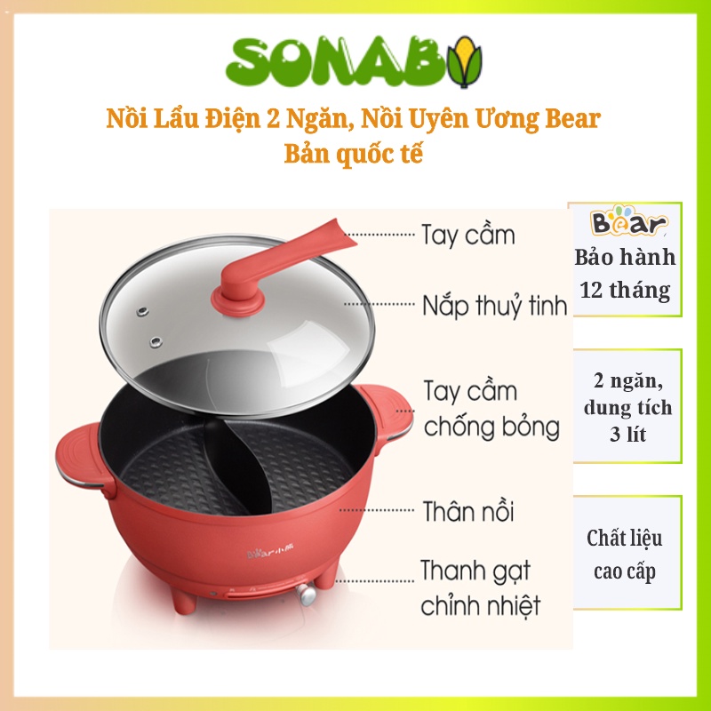 Nồi Lẩu Điện 2 Ngăn, Lẩu Uyên Ương Bear Chính Hãng Phiên Bản Quốc Tế BH 12 Tháng - BAP