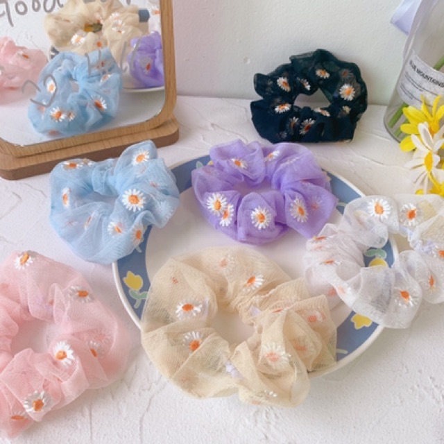 Cột Tóc Scrunchies hoa cúc voan lưới nhiều màu sắc
