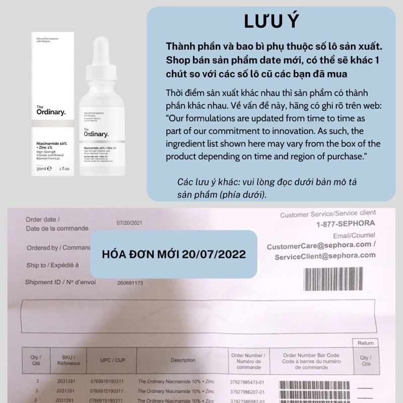 Serum ngừa mụn, sáng da, se khít Niacinamide 10% + Zinc 1% - The Ordinary 30ml