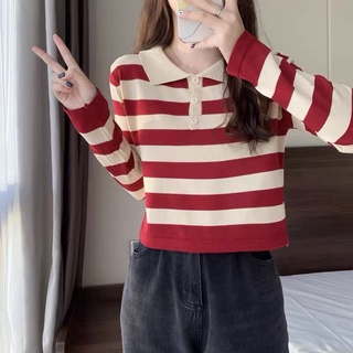 Áo len kẻ cổ bẻ