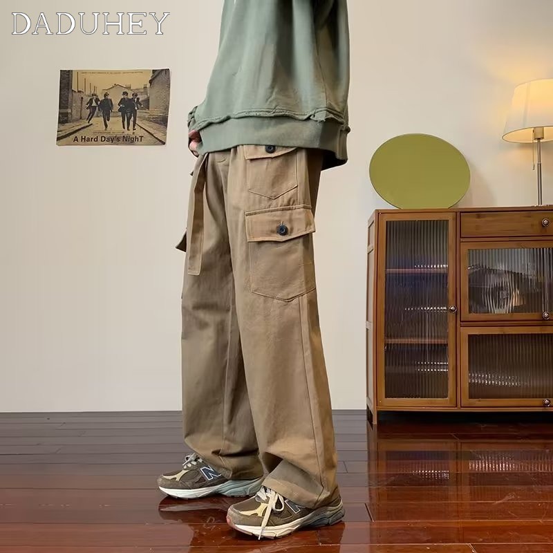 DaDuHey American Retro Multi-Pocket Elastic Waist Overalls Autumn Men's and Women's Oversize Fashion Loose Straight Casual Pants