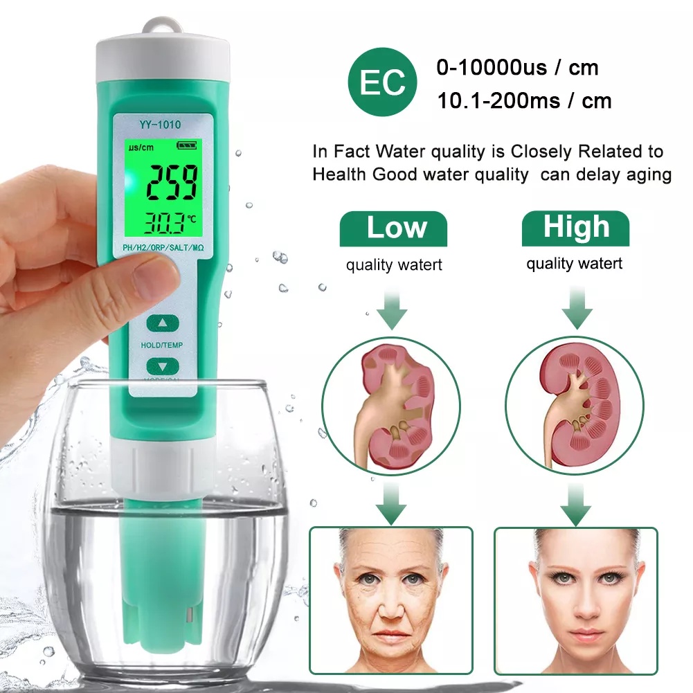 Bút đo pH 10 trong 1, pH/TDS/EC/Salinity/TEMP/S.G/ORP/H2/Fertility/Resistivity, Water quality tester