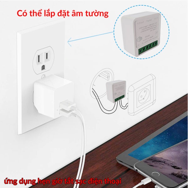 Công tắc điều khiển từ xa Tuya mini 16A, kết nối wifi, hẹn giờ bật tắt qua điện thoại, lắp được cho công tắc cầu thang