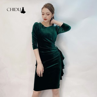 CHIDU váy nhung sườn ngọc đuôi bèo SP322