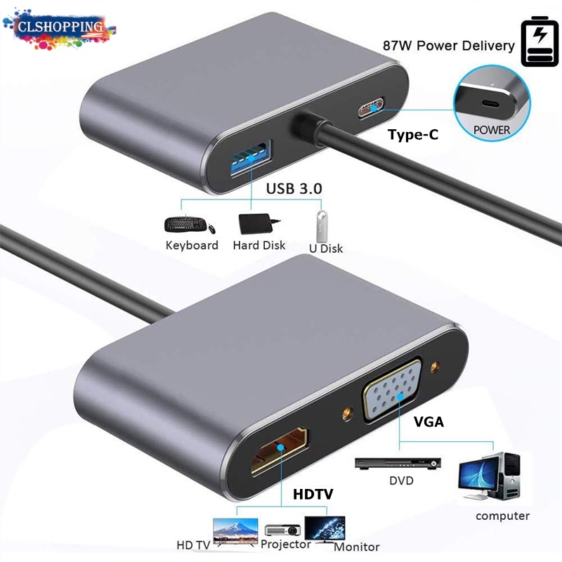 Đầu chuyển đổi cổng usb c sang hdmi 4k vga usb 3.0 pd 87w cho laptop táo pro samsung s9 s10 huawei