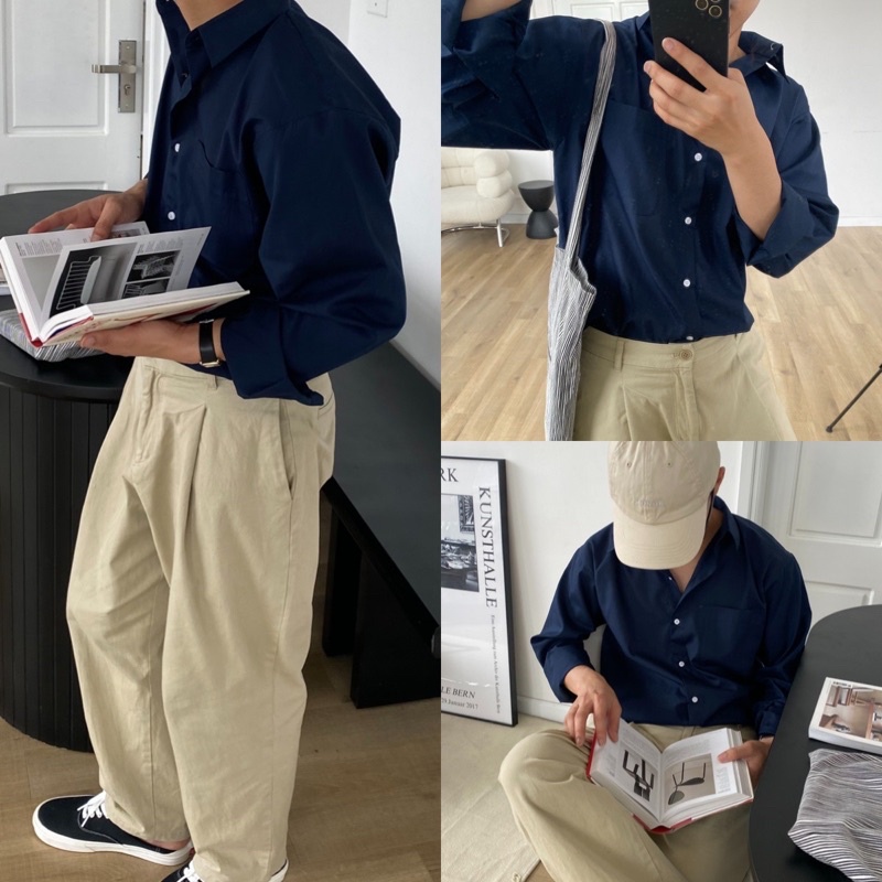 Áo Sơ Mi Dài Tay Chất Liệu Cotton Màu Xanh Navy dành cho Nam Heebyoh