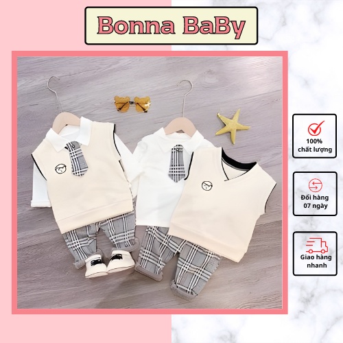 Quần áo bé trai Bonna dáng công tử, quần áo trẻ em bộ 3 chi tiết mặc ở nhà, đi chơi, đi dự tiệc, đi học A011