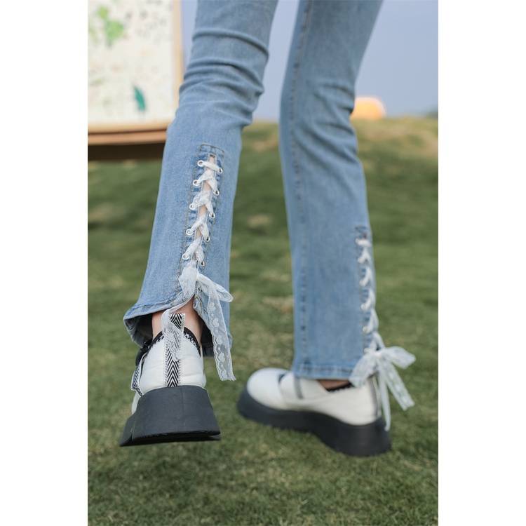 Quần jeans Nữ Lưng Cao Ống Loe Đan Dây Quyến Rũ