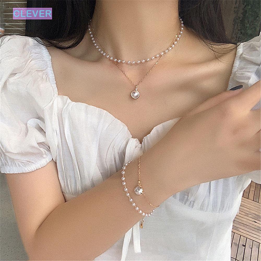 Vòng Cổ Choker Hai Lớp Đính Ngọc Trai Cổ Điển 2021 Thời Trang Mùa Hè Cho Nữ