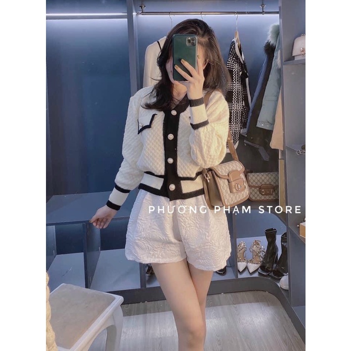 Áo len nữ màu trắng đen cổ v phối viền có túi dài tay tiểu thư sang chảnh phong cách Hàn Quốc loại 1